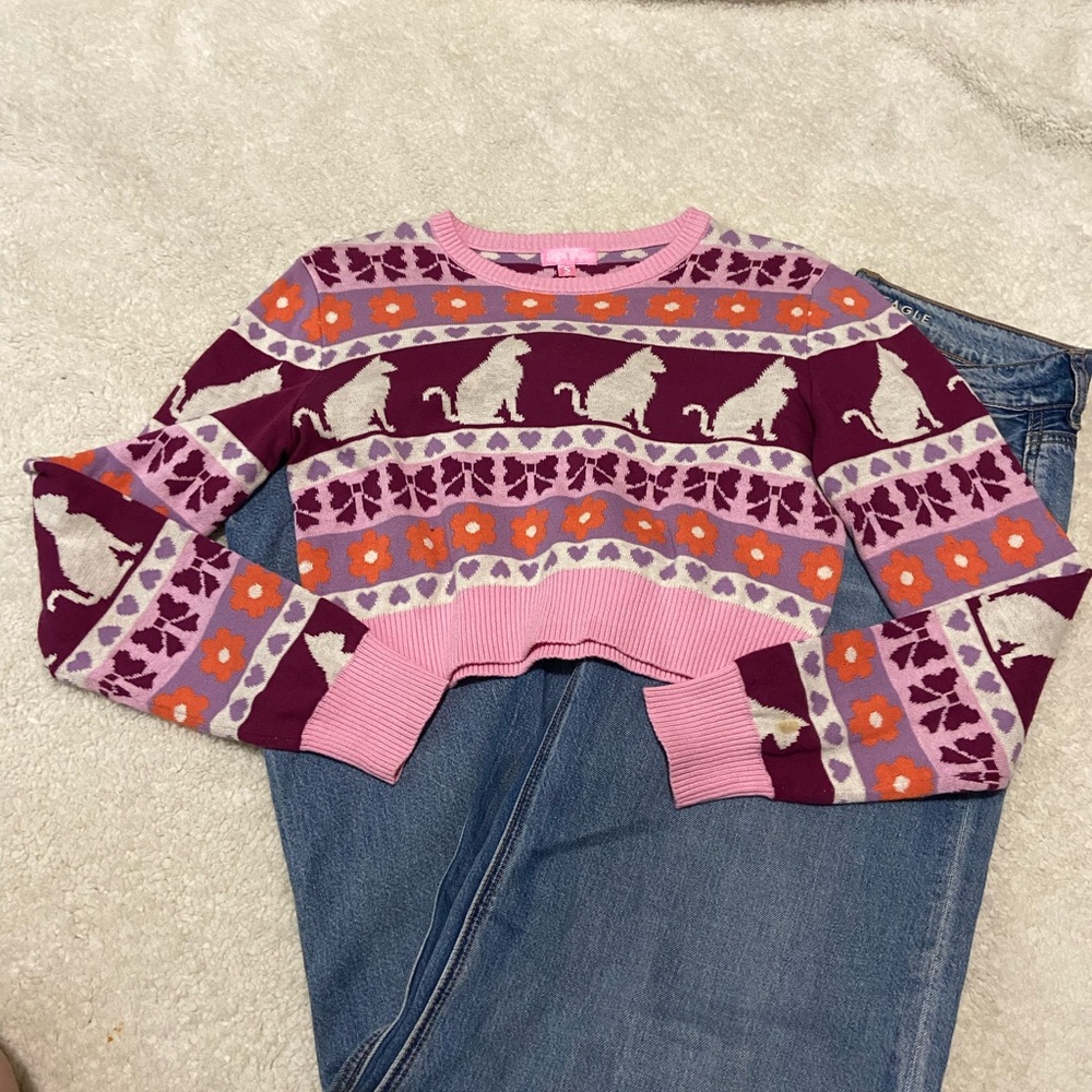 Sugar thrills dollskill pink kitty cat cropped sweater euc